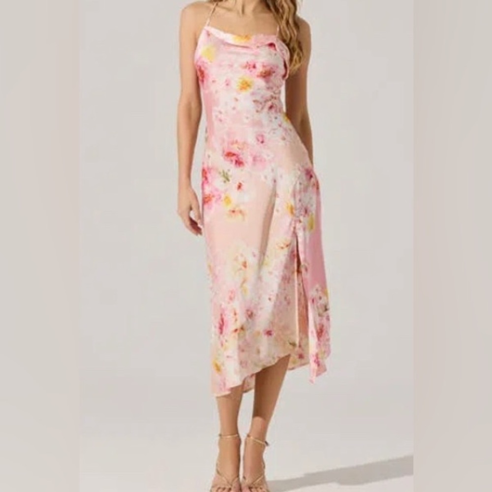 ASTR Pink Floral Cowl Neck Silk Midi Dress with Thigh Slit Size Small - NWOT